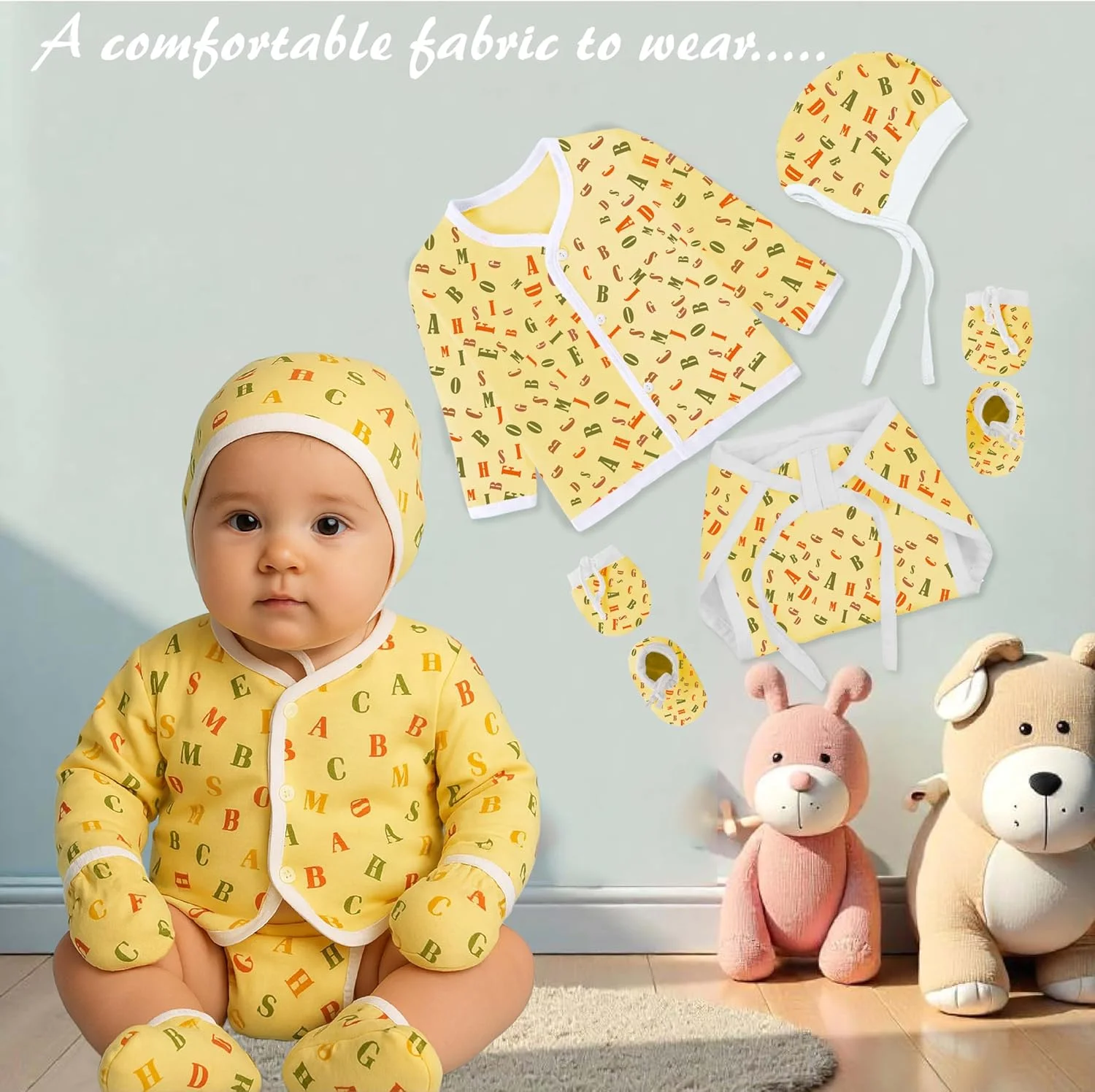 ست لباس نوزادی تودیلون | تی شرت جلو باز | پوشک | کلاه، دستکش و جوراب | پنبه | روزمره | تن خور معمولی | لباس خواب (چند رنگ، 0-6 ماه)، بسته 4 عددی چند رنگ، 0-6 ماه