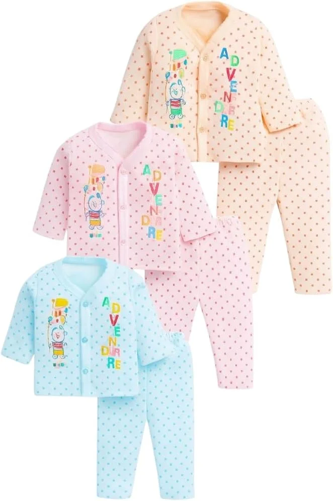 ست 3 تکه پیراهن دکمه دار 100% پنبه ای آستین بلند و شلوار راحتی نوزادی پسرانه و دخترانه