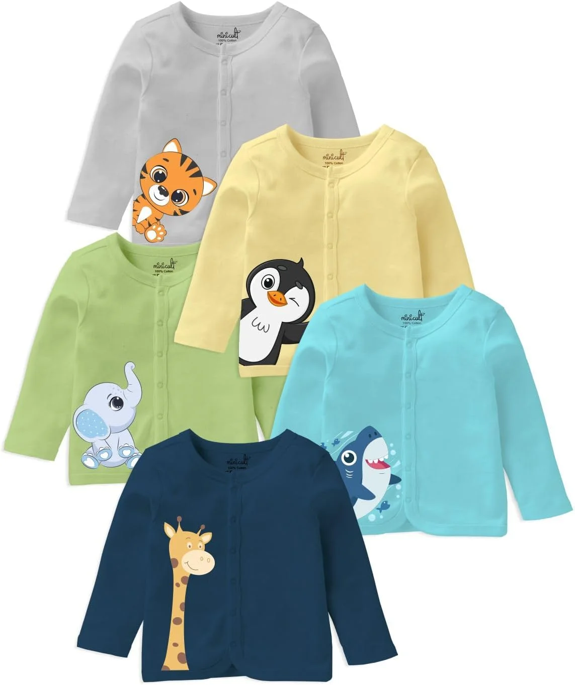 ست 5 عددی تیشرت آستین بلند جلو باز نخی و نرم مناسب نوزاد، طرح چند رنگ، سایز 18 تا 24 ماه