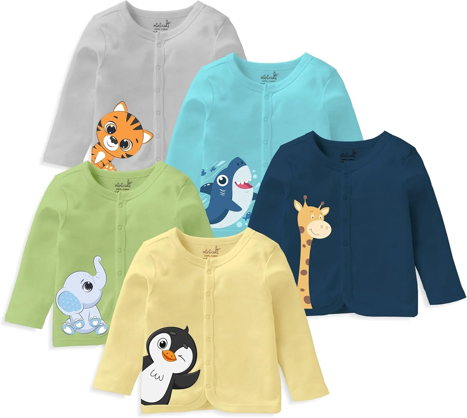 ست 5 عددی تیشرت آستین بلند جلو باز نخی و نرم مناسب نوزاد، طرح چند رنگ، سایز 18 تا 24 ماه