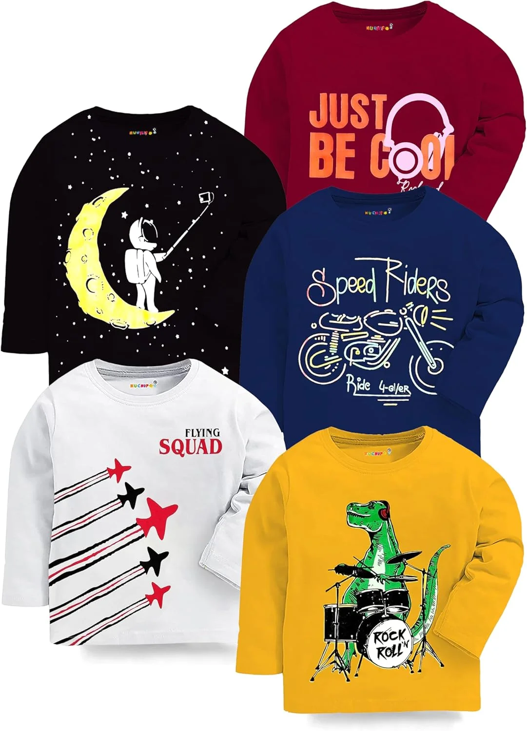 تی شرت آستین بلند پسرانه کوچیپو - بسته 5 عددی، چند رنگ، 12 تا 18 ماه