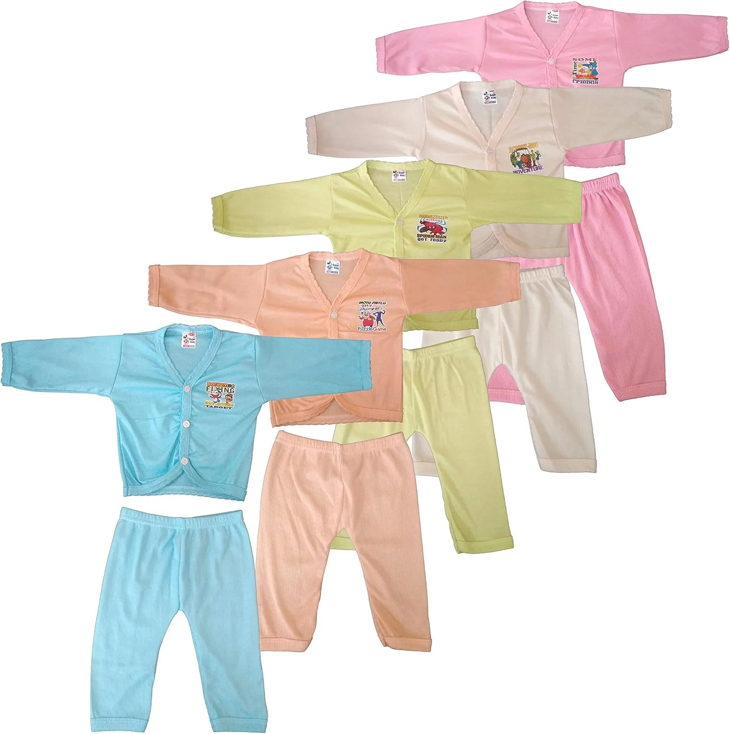 ست تی‌شرت آستین‌دار و شلوار نوزادی از جنس پلی‌استر و پنبه، رنگ ثابت، مناسب 0 تا 6 ماه (بسته 5 عددی)، چند رنگ