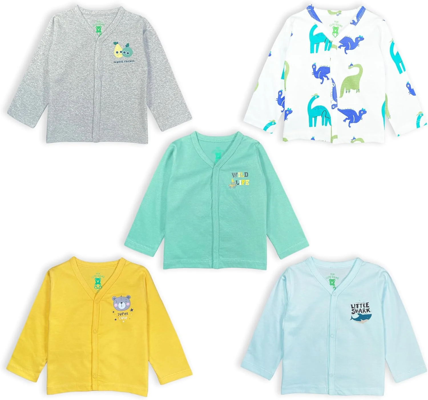 تی‌شرت آستین بلند نوزادی جلو باز دکمه‌دار YUV، ست 5 عددی، رنگ‌های متنوع