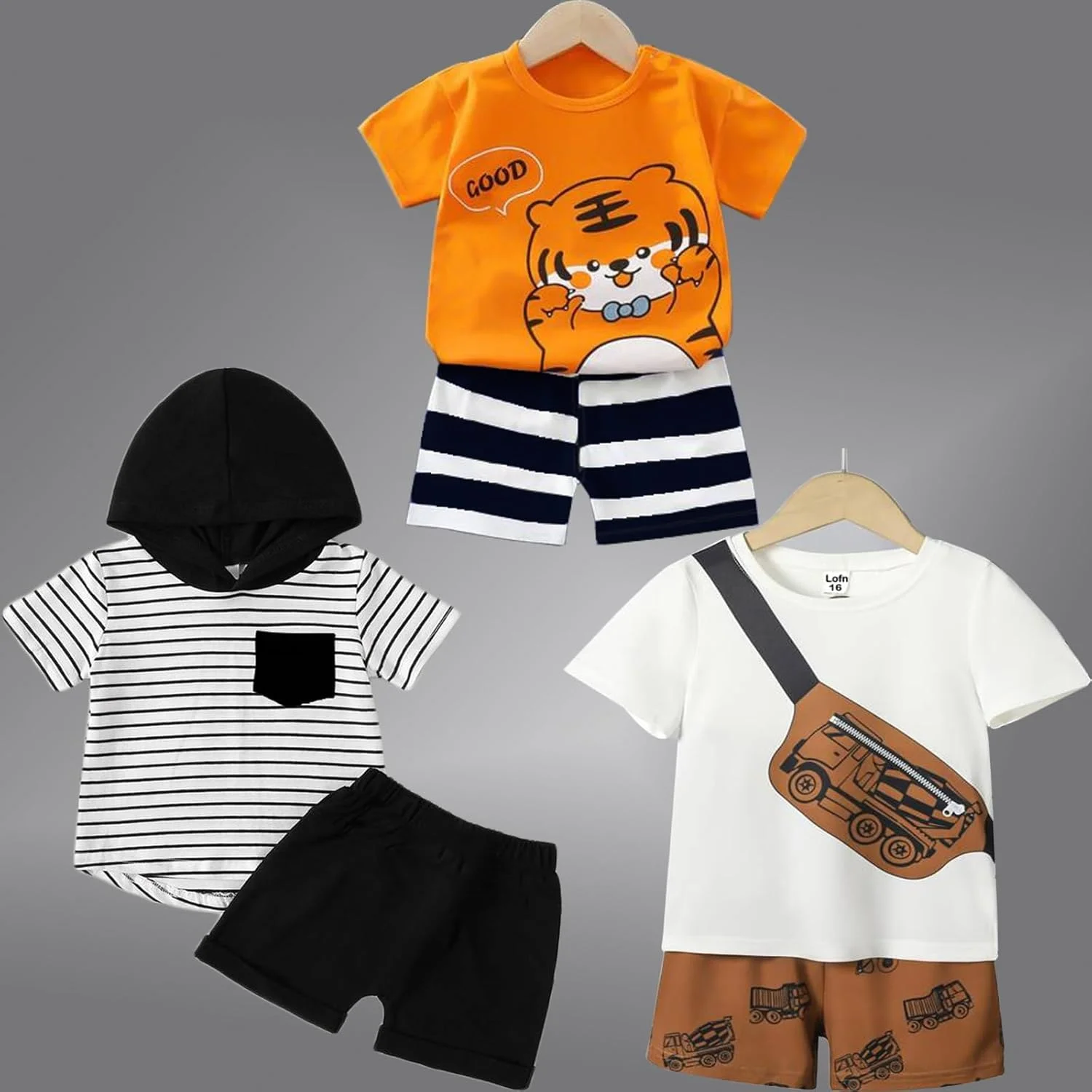 ست لباس پنبه ای Lofn برای نوزادان پسر و دختر - ست لباس چاپی بچه گانه - ست لباس های унисекс شامل تیشرت آستین کوتاه و شورت، بسته 3 عددی (T84OR-T70WH-T83CP)