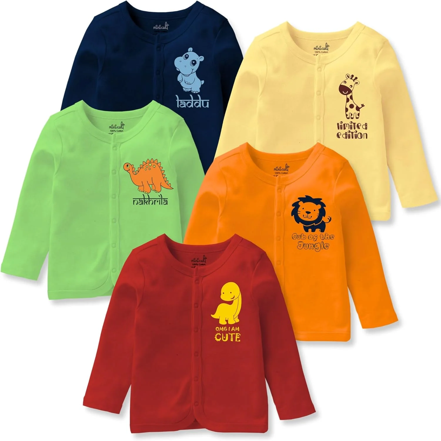 تی‌شرت آستین بلند جلو باز نخی یونی‌سکس minicult با دکمه‌های فشاری و طرح‌های زیبا (بسته 6 عددی ژابلا، چند رنگ، 3 تا 6 ماه) چند رنگ