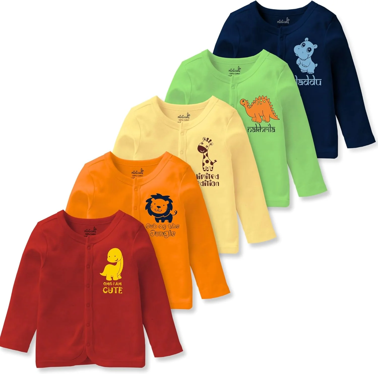 تی‌شرت آستین بلند جلو باز نخی یونی‌سکس minicult با دکمه‌های فشاری و طرح‌های زیبا (بسته 6 عددی ژابلا، چند رنگ، 3 تا 6 ماه) چند رنگ