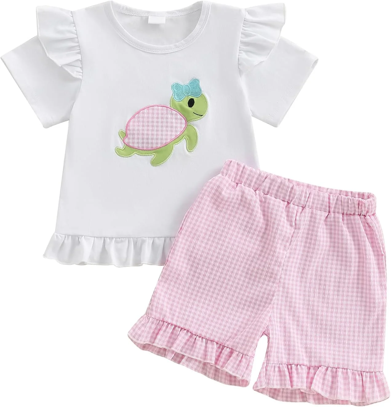 لباس تابستانی دخترانه، تیشرت آستین کوتاه با گلدوزی توت فرنگی، تاپ چین دار و شورت چین دار با کمر کشی، ست 2 تکه لباس برای دختران کوچک