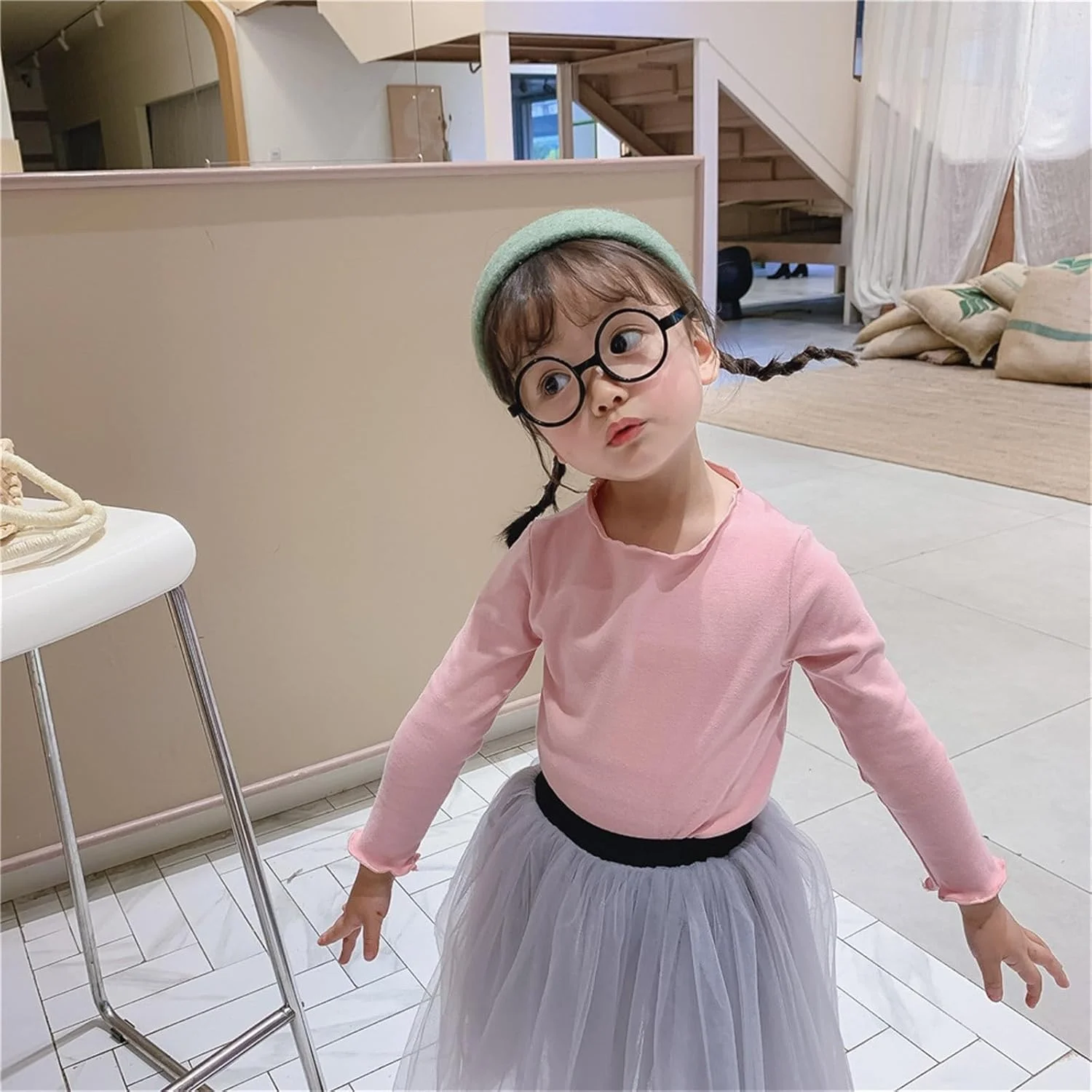 تاپ های لبه کاهویی دخترانه برای کودکان، بلوز آستین بلند راحت و غیر رسمی با رنگ ثابت