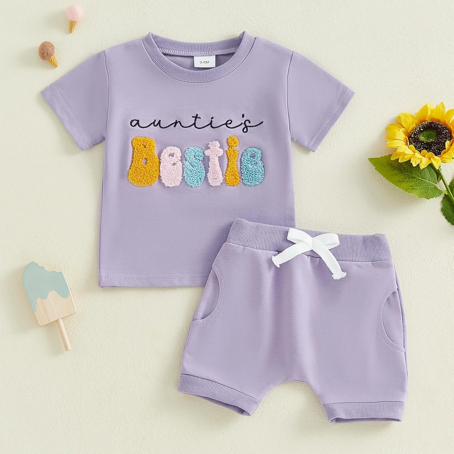 ست لباس بهاری و تابستانی دخترانه شامل تیشرت آستین کوتاه با گلدوزی حروف و شورت کمر کشی، 2 تکه لباس برای دختران کوچک