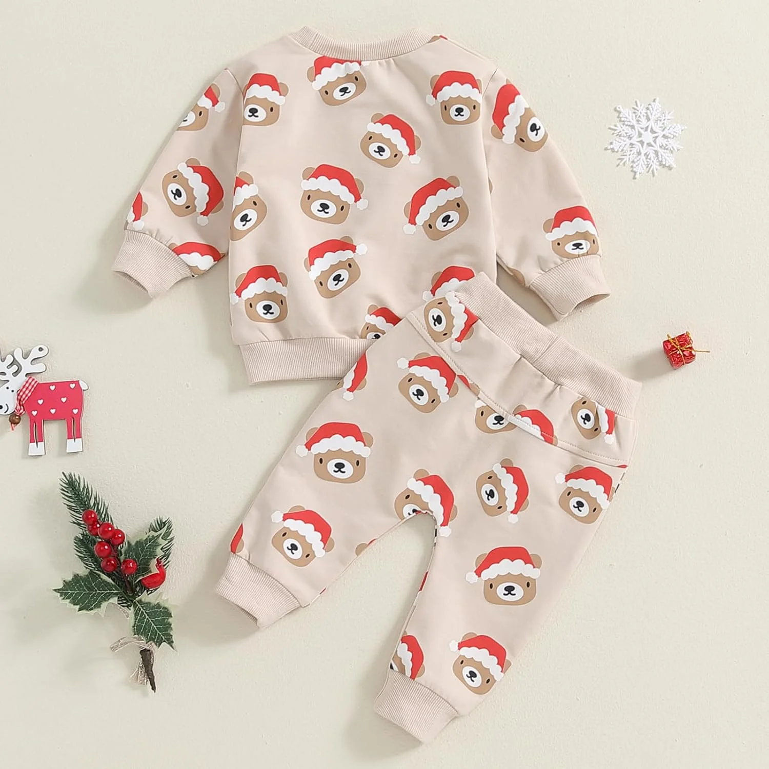 ست لباس کریسمس پسرانه و دخترانه، تیشرت آستین بلند با طرح کلاه بابانوئل و خرس، شلوار کمر کشی، ست 2 تکه لباس بچه گانه