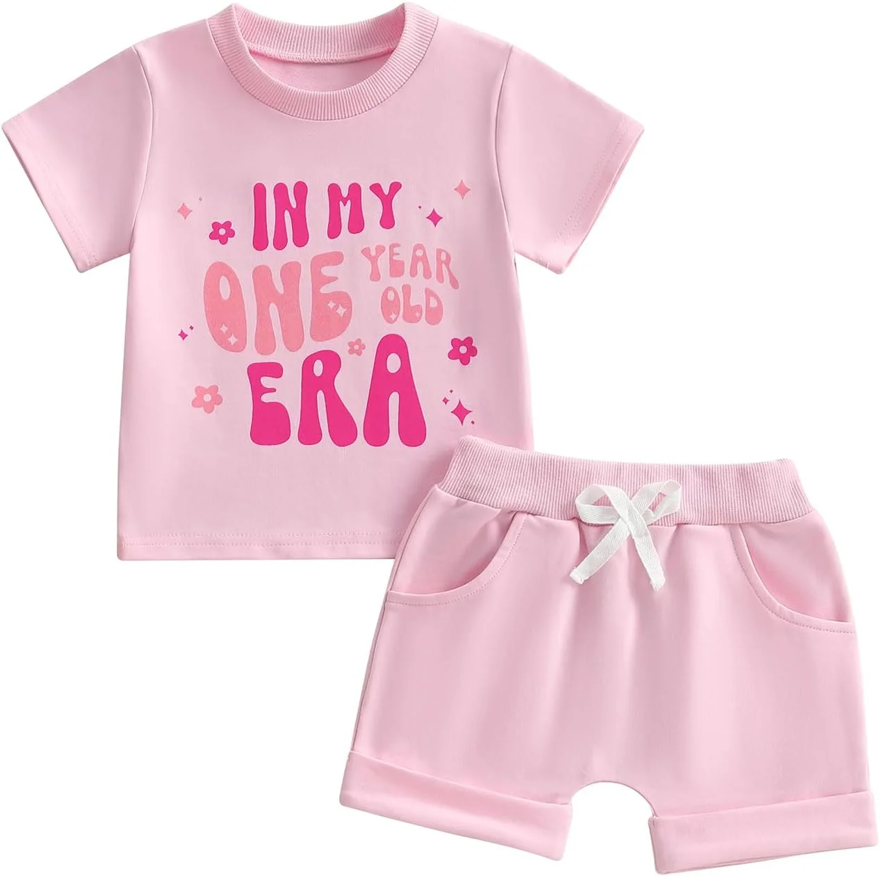 لباس تولد یک سالگی نوزاد دختر، تیشرت آستین کوتاه با طرح گل و حروف چاپی به همراه شورت کمر کشی، ست 2 تکه لباس تولد برای دختران کوچک