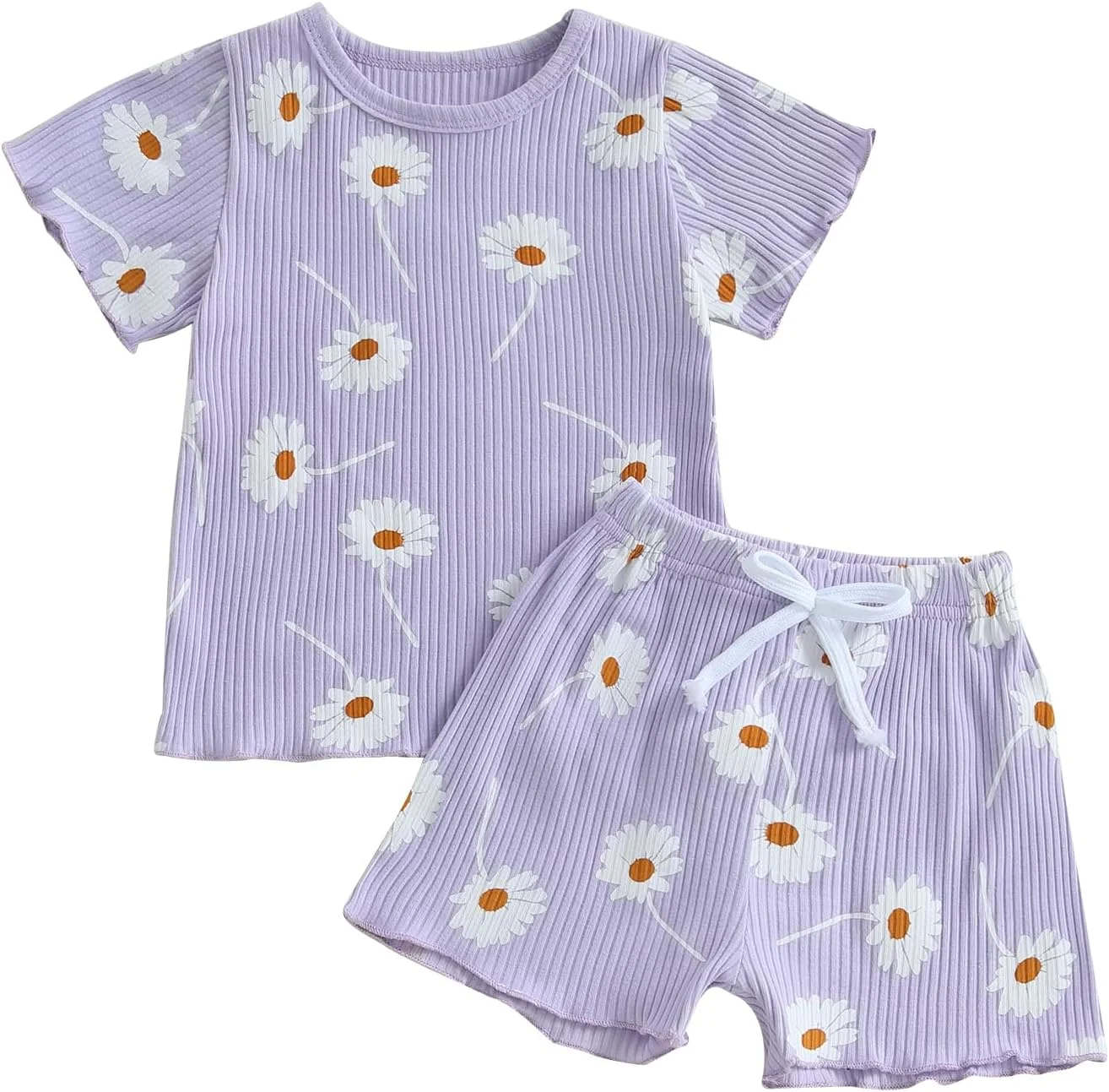 لباس تابستانی دخترانه بچه گانه، تیشرت آستین کوتاه یقه گرد راه راه با طرح گل و شورت کمر کشی، ست 2 تکه لباس برای دختران کوچک