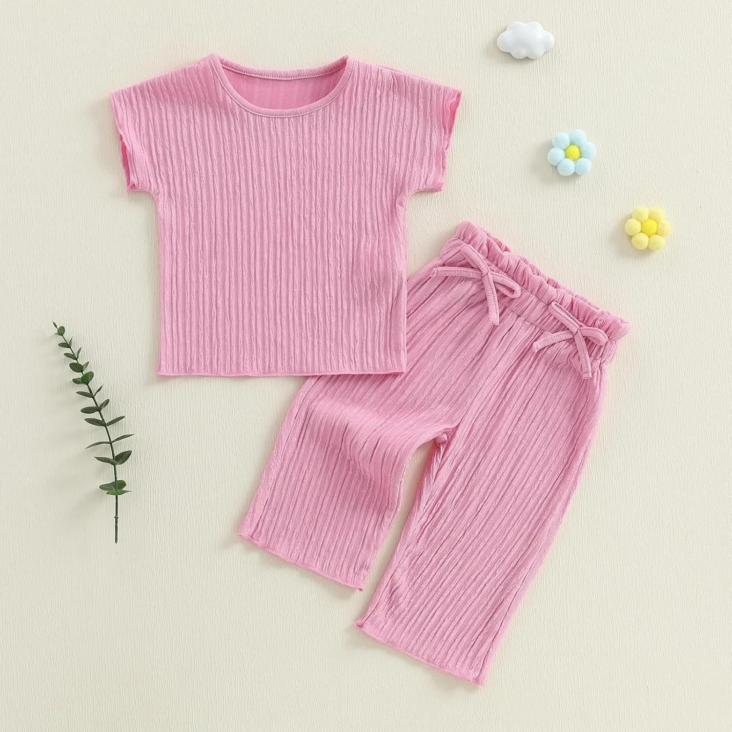 لباس بهاره و تابستانه دخترانه Geagodelia، تیشرت آستین کوتاه رنگ ثابت، تاپ بلوز و شلوارک کمر کشی پاپیونی، ست 2 تکه لباس برای دختران کوچک