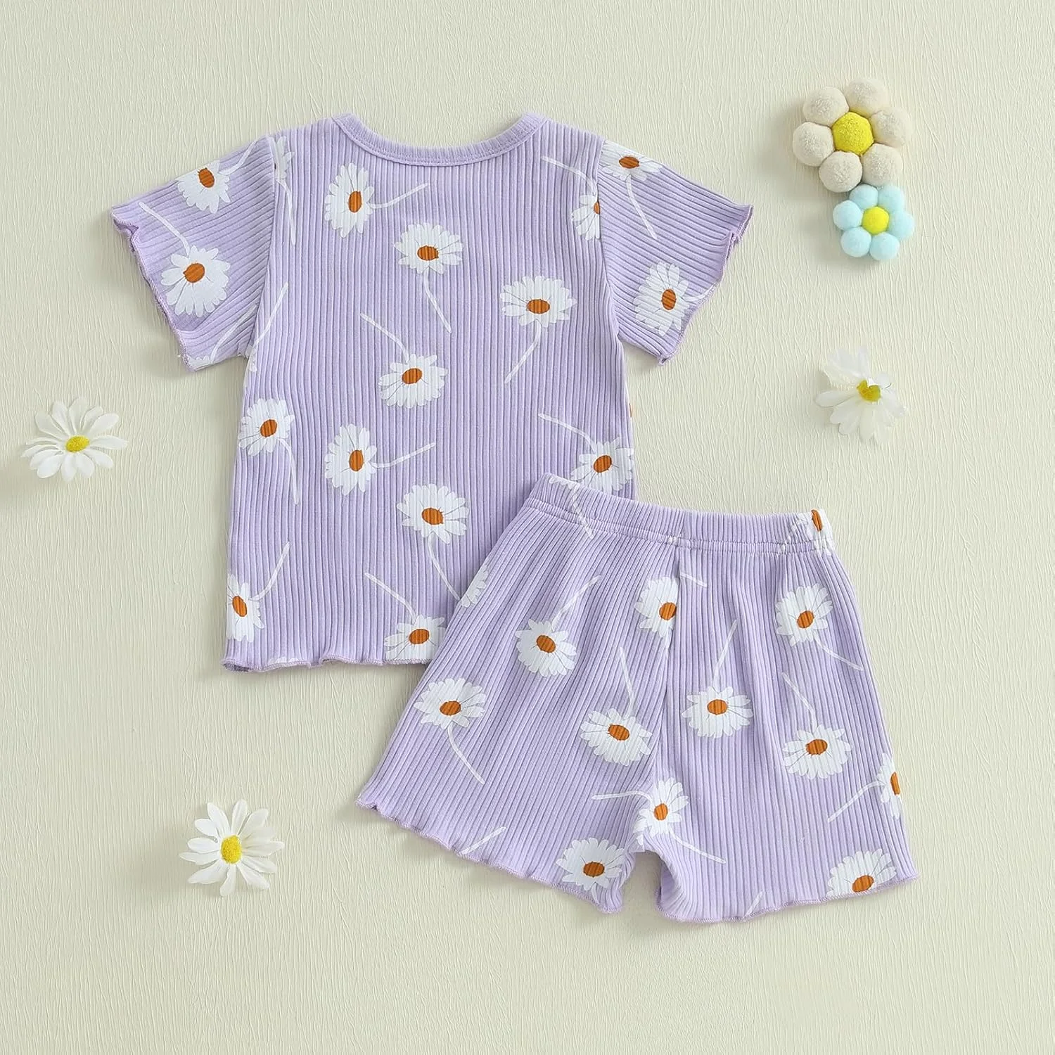 لباس تابستانی دخترانه بچه گانه، تیشرت آستین کوتاه یقه گرد راه راه با طرح گل و شورت کمر کشی، ست 2 تکه لباس برای دختران کوچک