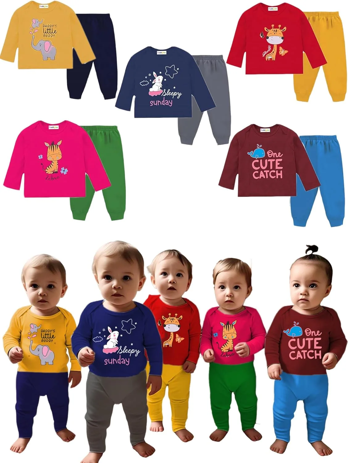 ست تی‌شرت و پیژامه نوزادی تودلون | لباس دخترانه | ست لباس پسرانه | پنبه‌ای | آستین بلند با جاگر | سویشرت و شلوار | هدیه