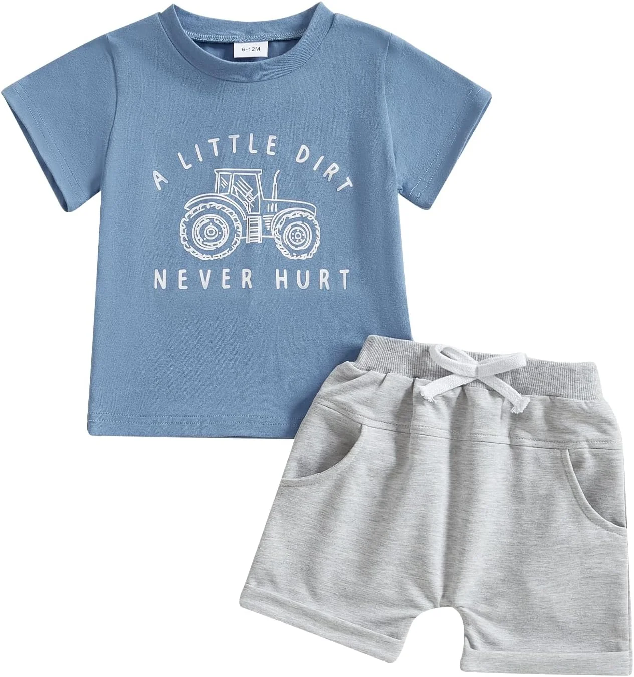 ست لباس پسرانه بهاره و تابستانه Geagodelia، تی‌شرت آستین کوتاه با طرح تراکتور و حروف چاپی، تاپ بلوز و شلوارک ساده با کمر کشی، ست 2 تکه لباس برای پسران کوچک