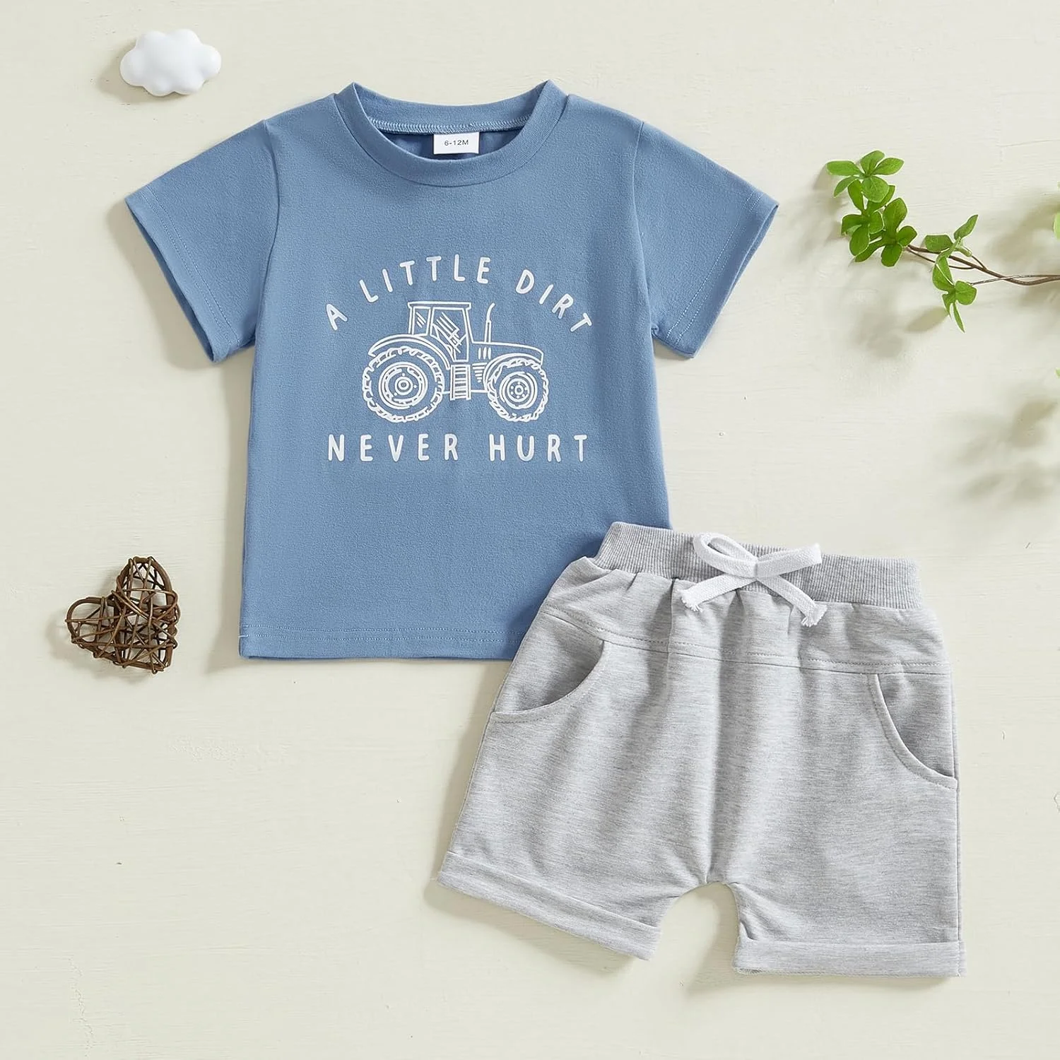 ست لباس پسرانه بهاره و تابستانه Geagodelia، تی‌شرت آستین کوتاه با طرح تراکتور و حروف چاپی، تاپ بلوز و شلوارک ساده با کمر کشی، ست 2 تکه لباس برای پسران کوچک