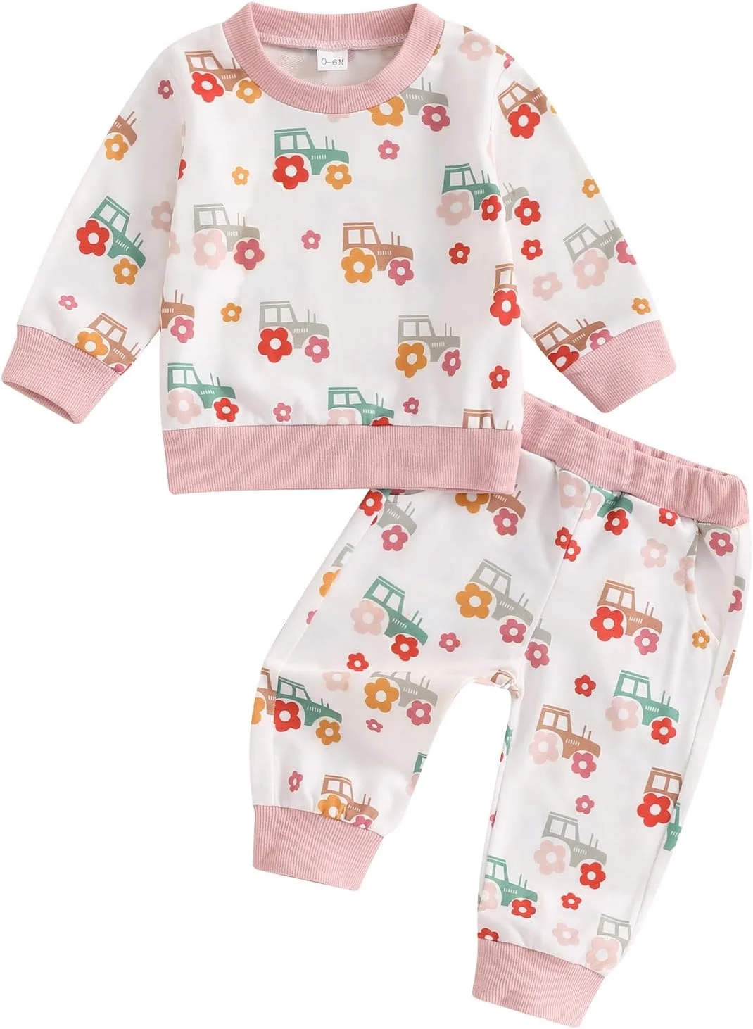 لباس پاییزی دخترانه، بلوز آستین بلند با طرح گل و تراکتور، ست شلوار جاگر کمر کشی، ست دو تکه لباس راحتی زیبا