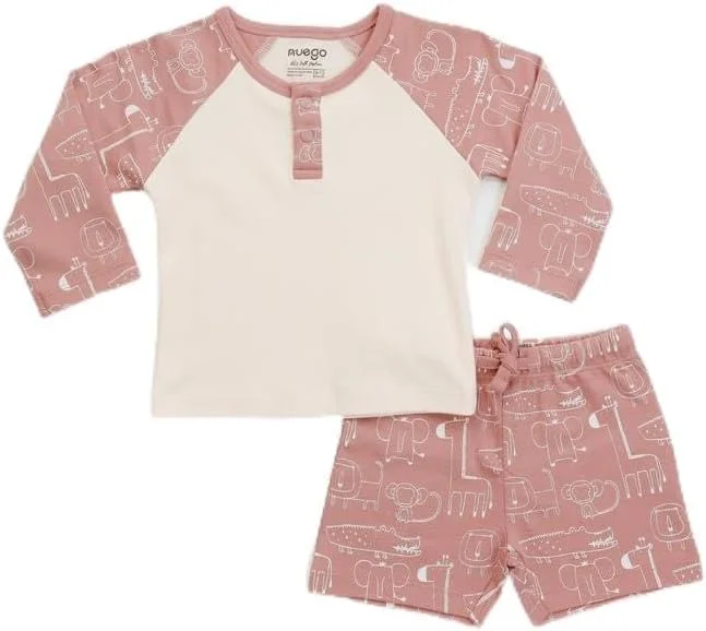 ست لباس پسرانه نوزادی طرح حیوانات نئوگو، تیشرت آستین بلند یقه گرد و شلوارک، مناسب 0 تا 24 ماه (صورتی، بژ)