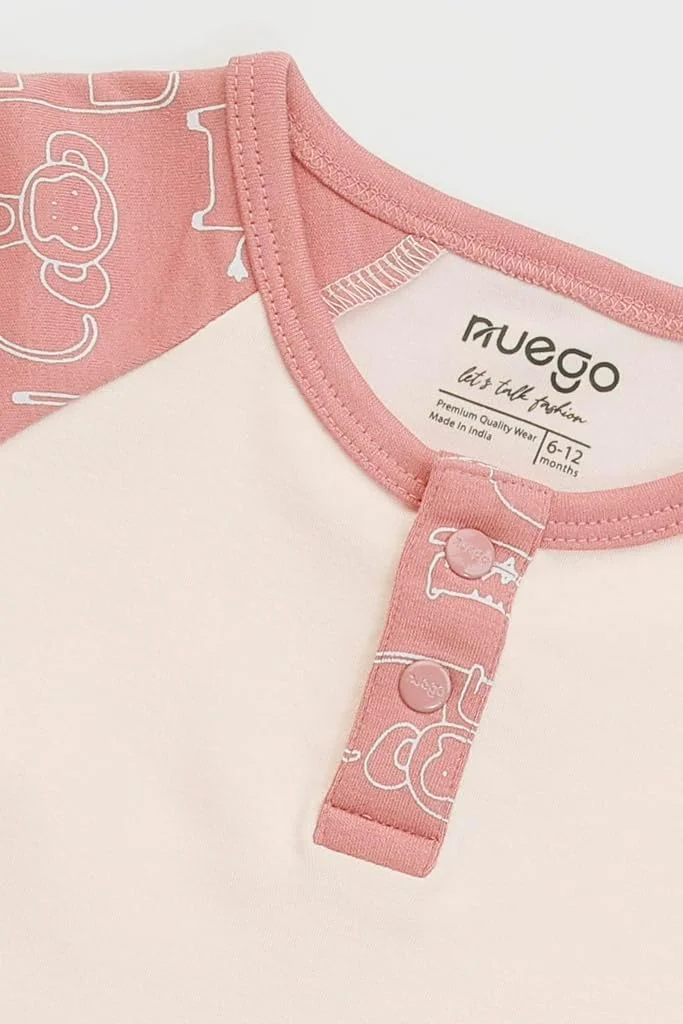 ست لباس پسرانه نوزادی طرح حیوانات نئوگو، تیشرت آستین بلند یقه گرد و شلوارک، مناسب 0 تا 24 ماه (صورتی، بژ)