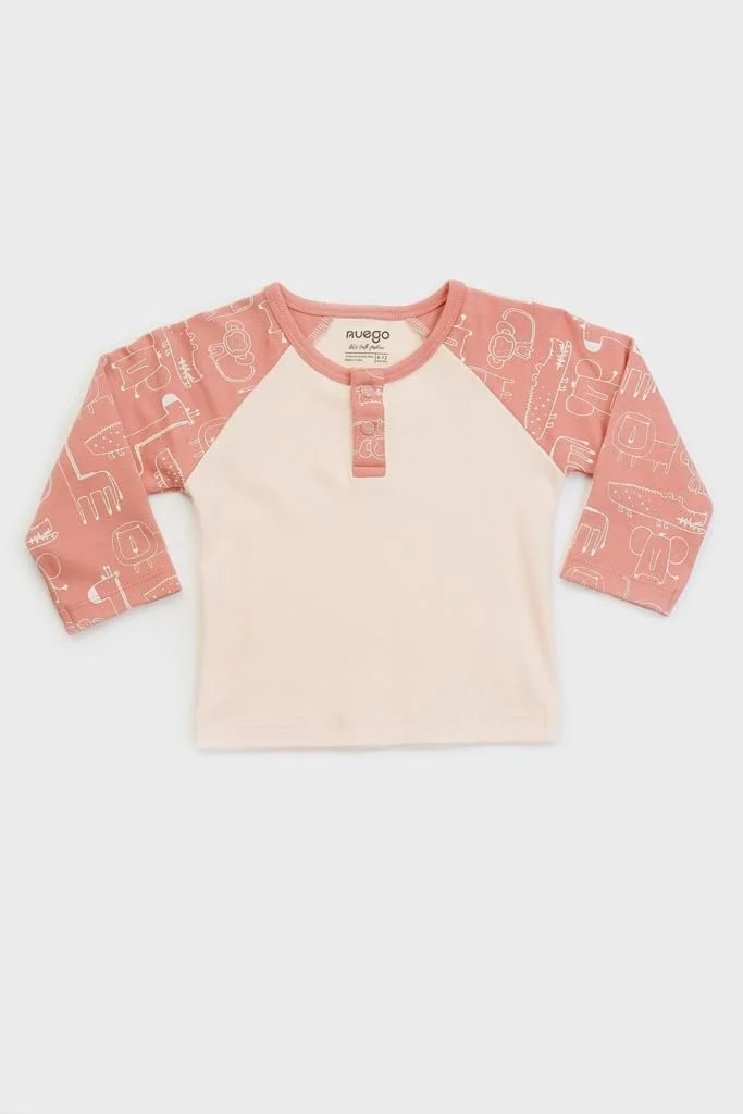 ست لباس پسرانه نوزادی طرح حیوانات نئوگو، تیشرت آستین بلند یقه گرد و شلوارک، مناسب 0 تا 24 ماه (صورتی، بژ)