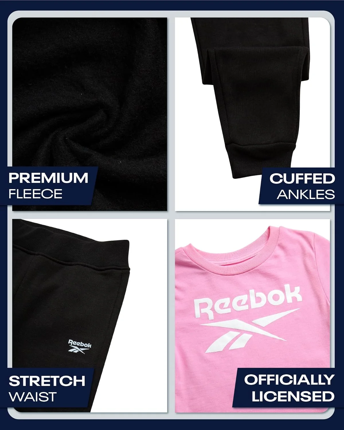 ست سه تکه لباس ورزشی دخترانه ریباک شامل تیشرت، گرمکن و شلوار