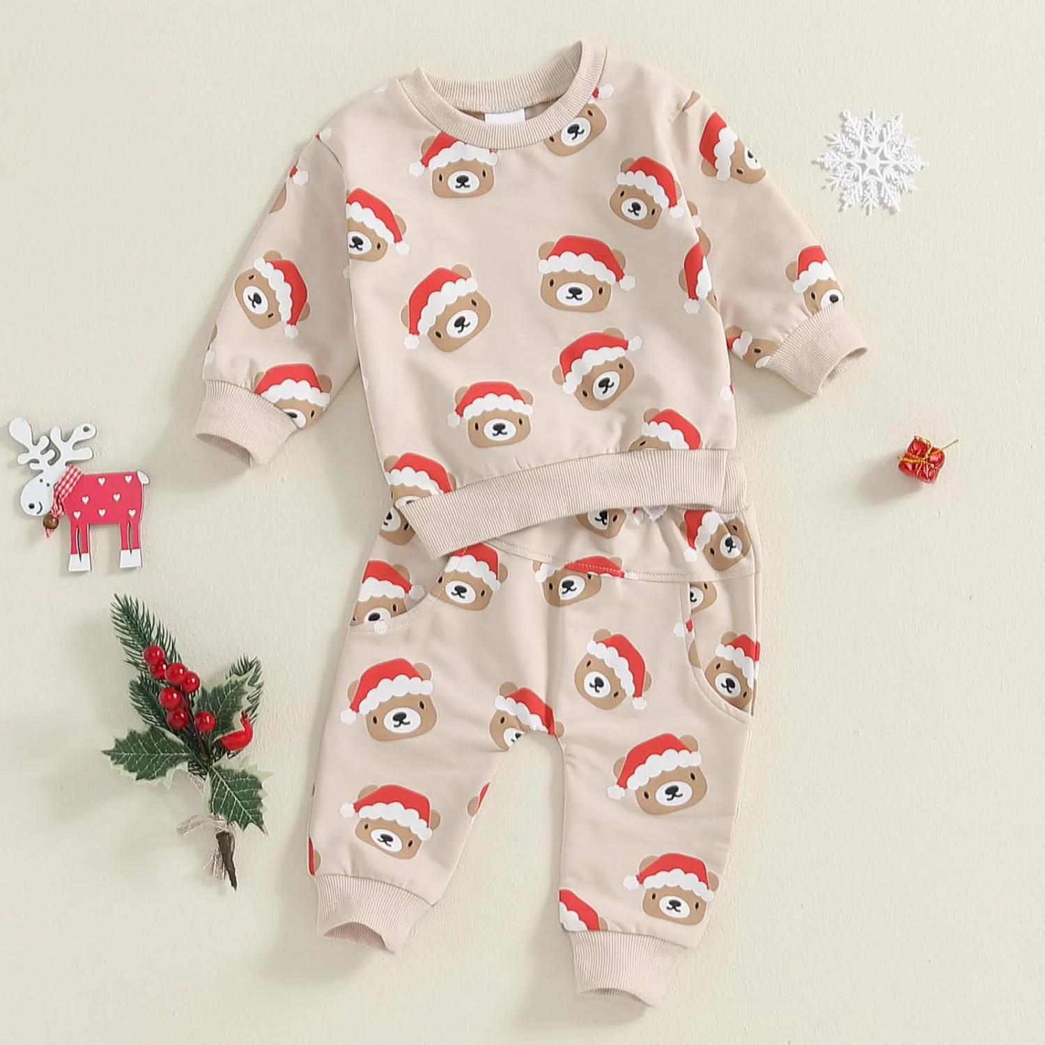 لباس های کریسمس پسرانه و دخترانه، تیشرت آستین بلند با طرح خرس و کلاه بابانوئل، ست بلوز و شلوار کمر کش، لباس بچه گانه کریسمس 2 تکه لباس های کریسمس پسرانه و دخترانه، تیشرت آستین بلند با طرح خرس و کلاه بابانوئل، ست بلوز و شلوار کمر کش، لباس بچه گانه کریسمس 2 تکه