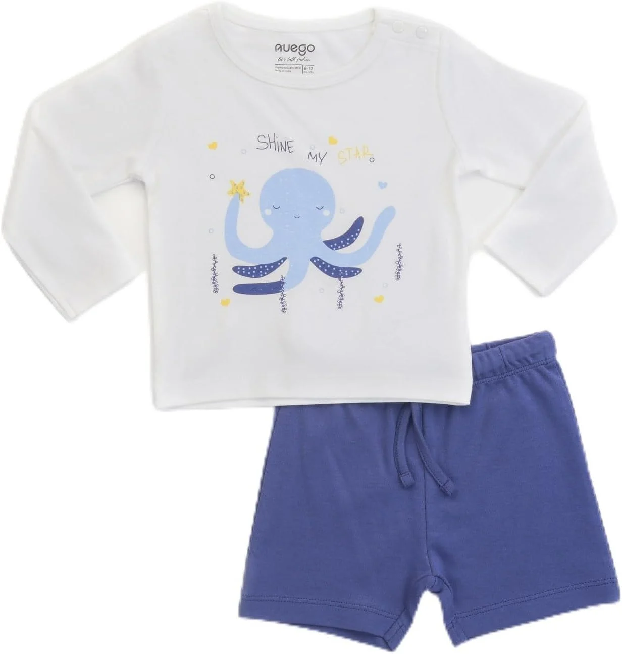 ست لباس پسرانه نوزادی طرح حیوانات نئوگو، تیشرت آستین بلند یقه گرد و شلوارک، مناسب نوزادان 0 تا 24 ماه (سفید، آبی)