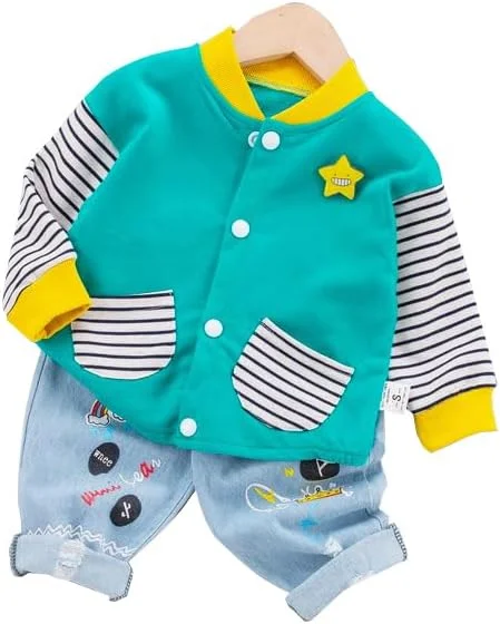 ست لباس دو تکه بچه گانه شامل تی شرت آستین بلند و شلوار جین با طرح دایناسور مناسب فصل زمستان برای نوزاد پسر و دختر