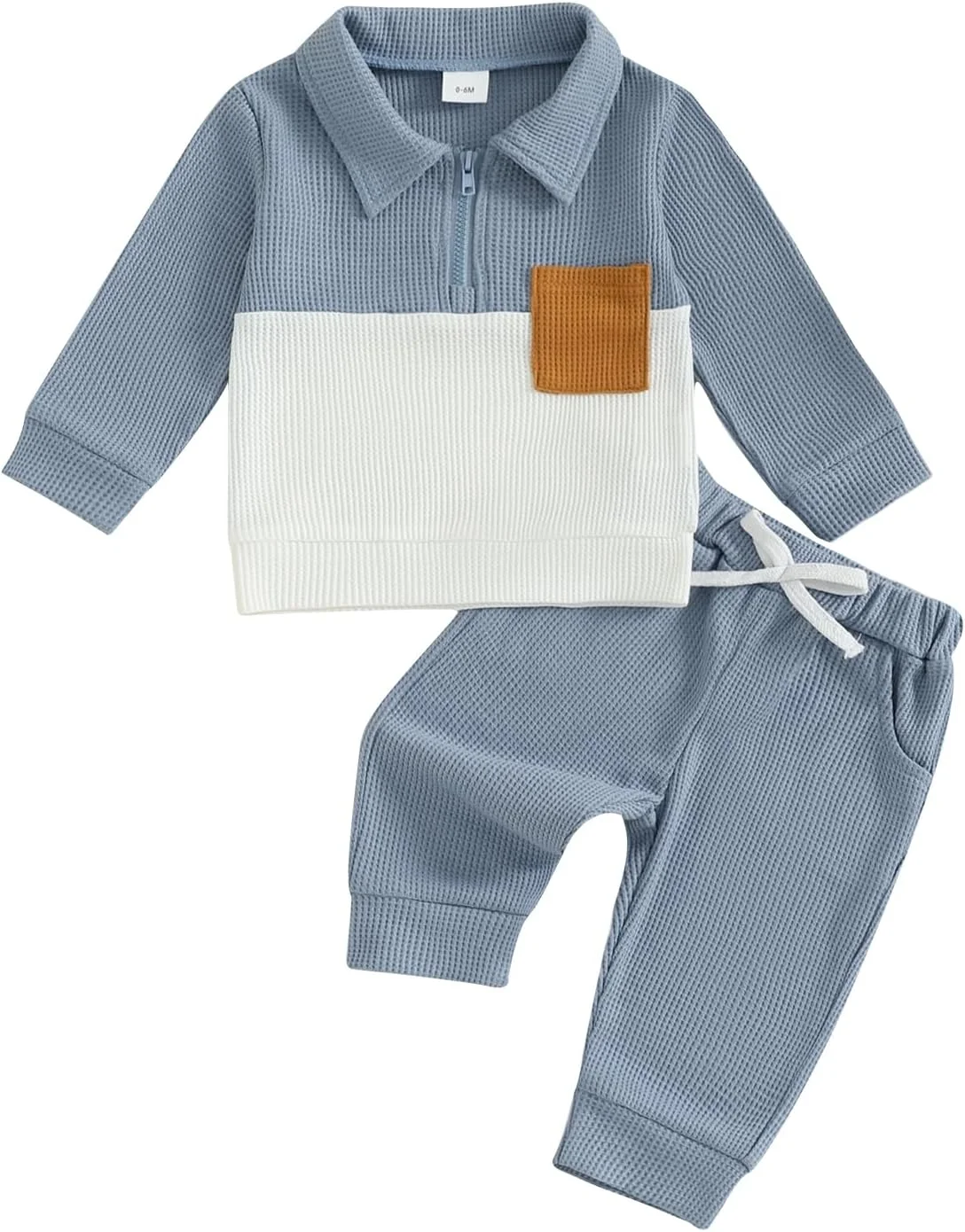 ست لباس پسرانه بچه گانه، رنگ متضاد، آستین بلند، یقه برگردان، نیم زیپ، بلوز و شلوار کمر کشی، ست دو تکه جنتلمن، لباس ورزشی پسرانه