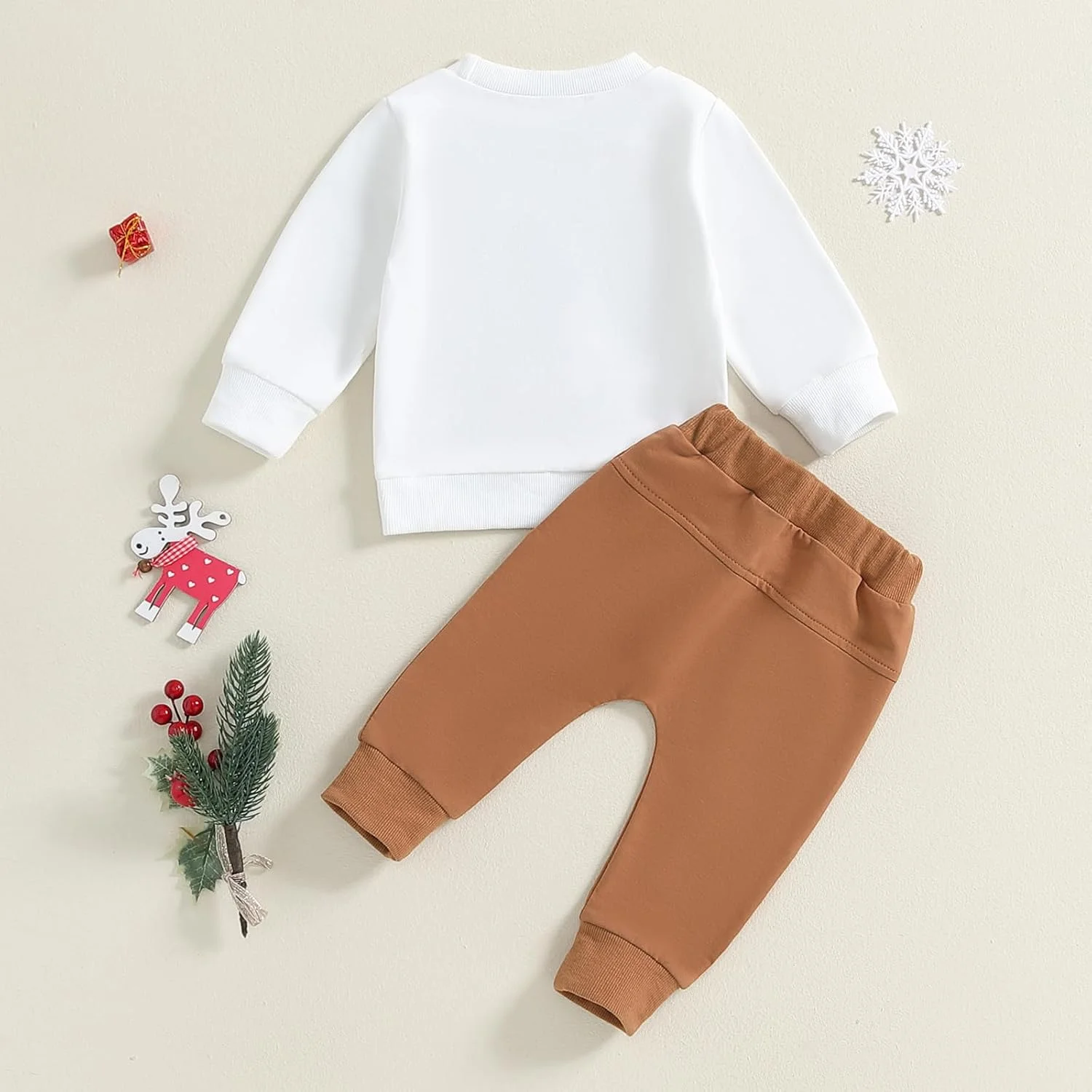 لباس کریسمس پسرانه با طرح گوزن شمالی، تیشرت آستین بلند و شلوار کمر کشی، ست 2 تکه لباس بچه گانه
