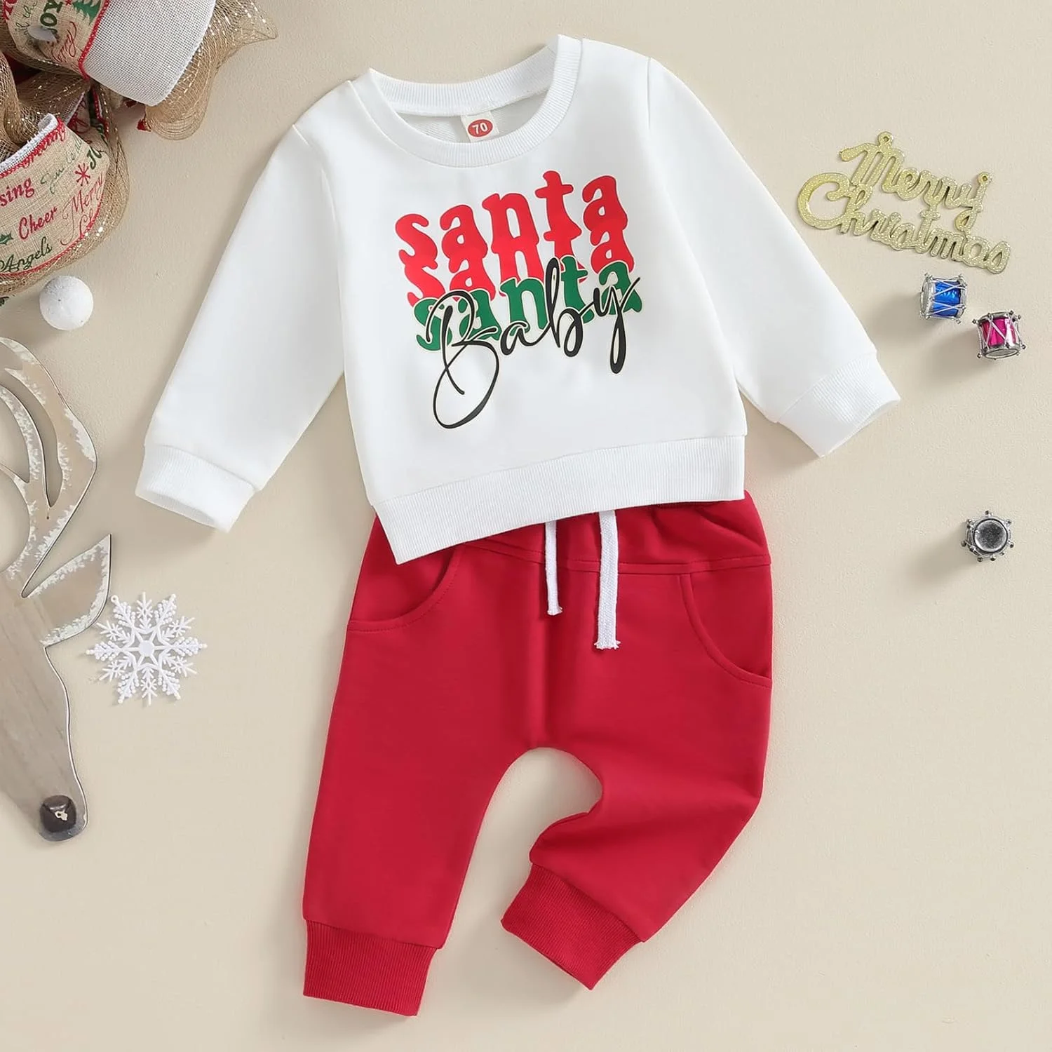 ست لباس کریسمس پسرانه Carolilly، تیشرت آستین بلند طرح دار و شلوار، مناسب نوزادان