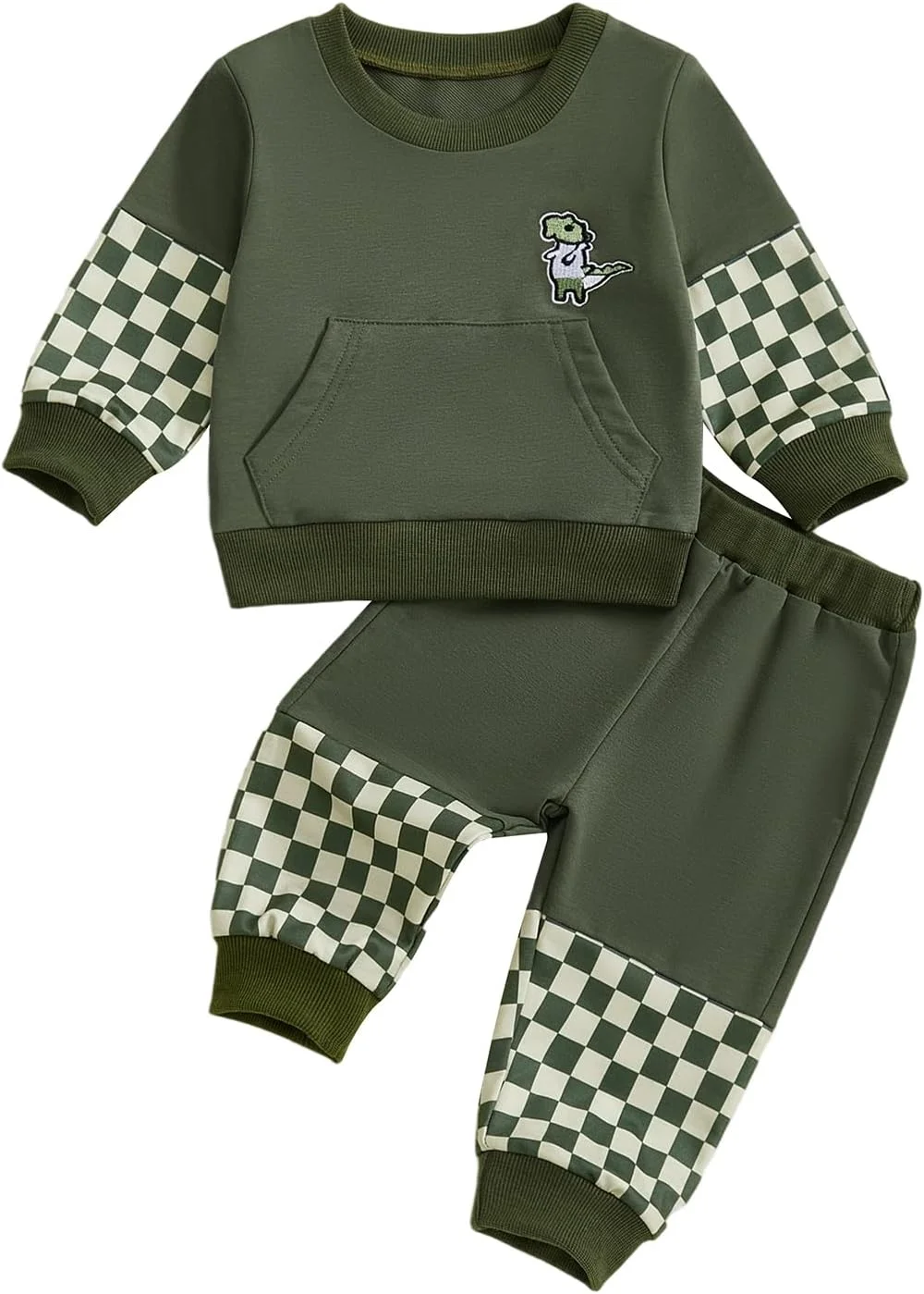 ست لباس پسرانه Carolilly، تی‌شرت آستین بلند طرح دایناسور و شلوار طرح شطرنجی با کمر کشی، مناسب کودکان