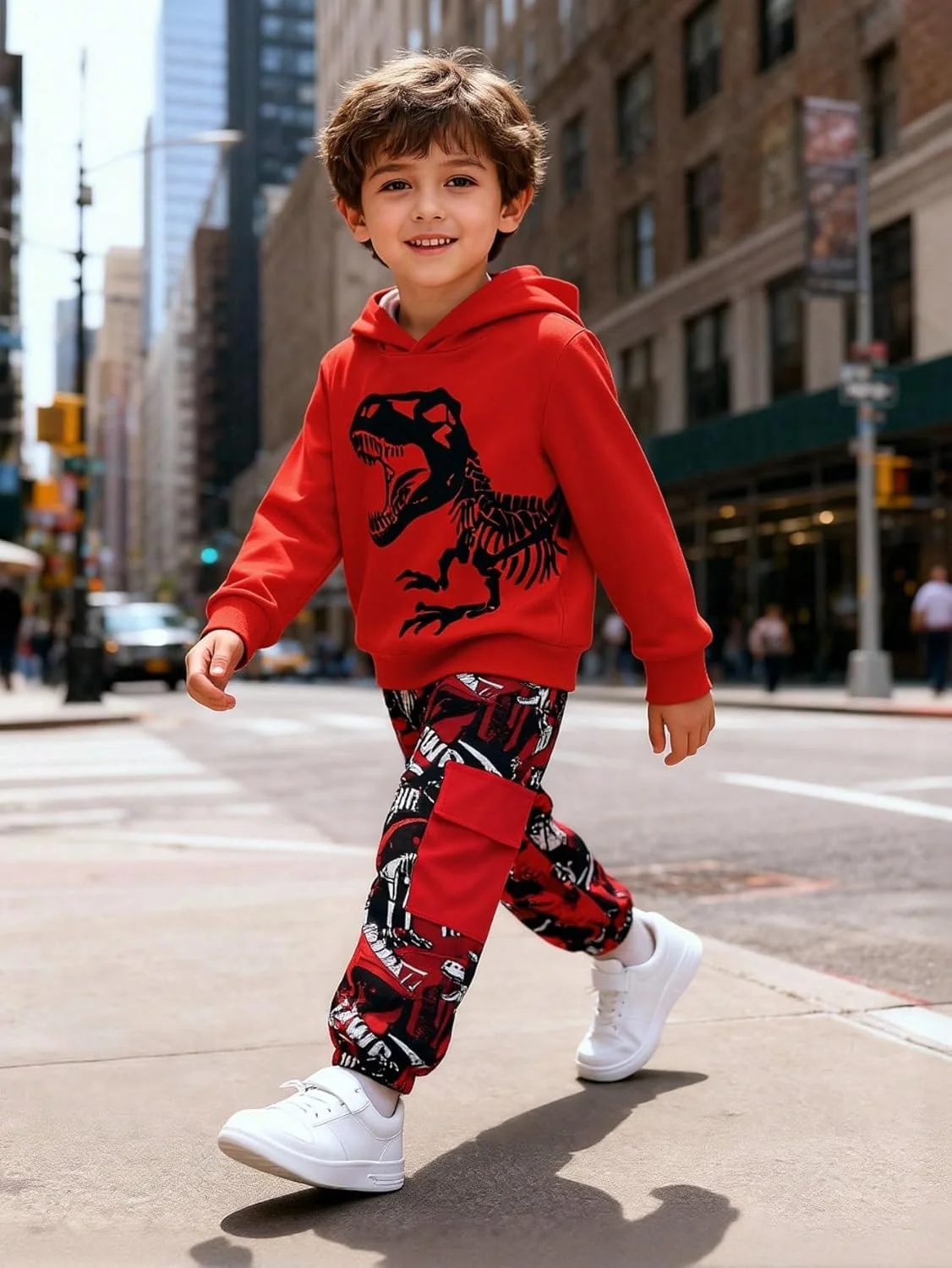 ست دو تکه لباس ورزشی پسرانه شامل هودی و شلوار با طرح دایناسور مناسب پسران 4 تا 8 سال