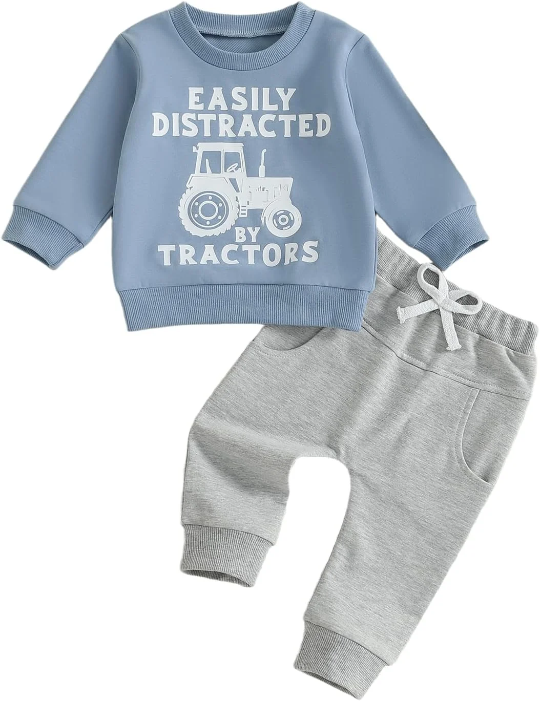 ست لباس پسرانه بچه نوپا Carolilly، تیشرت آستین بلند با طرح تراکتور و حروف چاپی، بلوز و شلوار کمر کشی ساده، ست 2 تکه لباس پسرانه