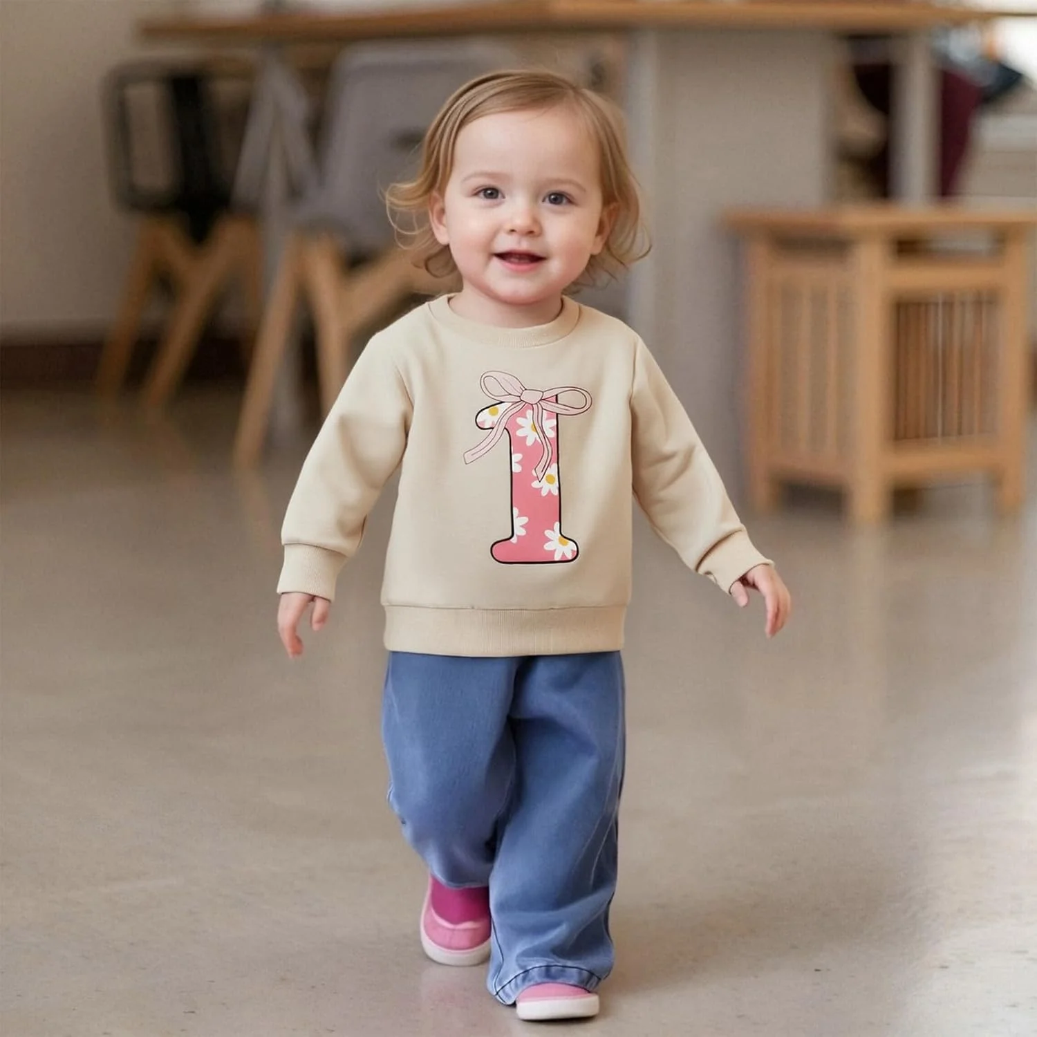 لباس تولد دخترانه، بلوز آستین بلند یقه گرد با طرح حروف و گل، لباس کودک نوپا، هدیه تولد برای دختران