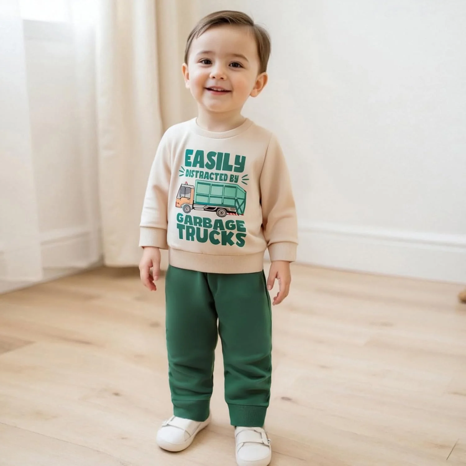 ست لباس پسرانه شامل بلوز آستین بلند و شلوار با طرح کامیون حمل زباله، مناسب فصل پاییز