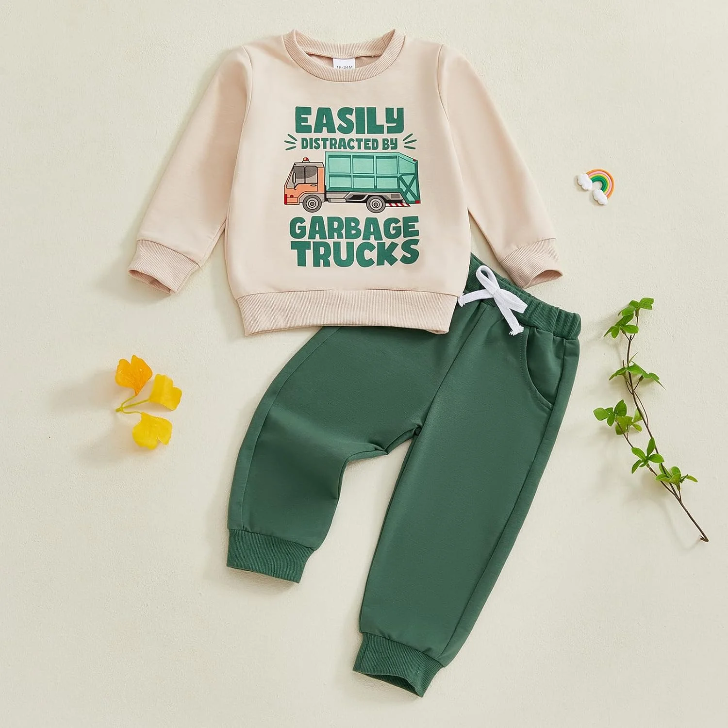 ست لباس پسرانه شامل بلوز آستین بلند و شلوار با طرح کامیون حمل زباله، مناسب فصل پاییز