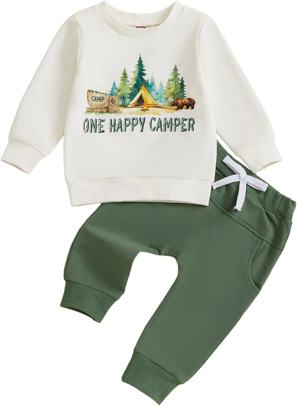 ست لباس پسرانه شامل بلوز آستین بلند و شلوار با طرح کمپینگ، مناسب برای تولد یک سالگی ست لباس پسرانه شامل بلوز آستین بلند و شلوار با طرح کمپینگ، مناسب برای تولد یک سالگی