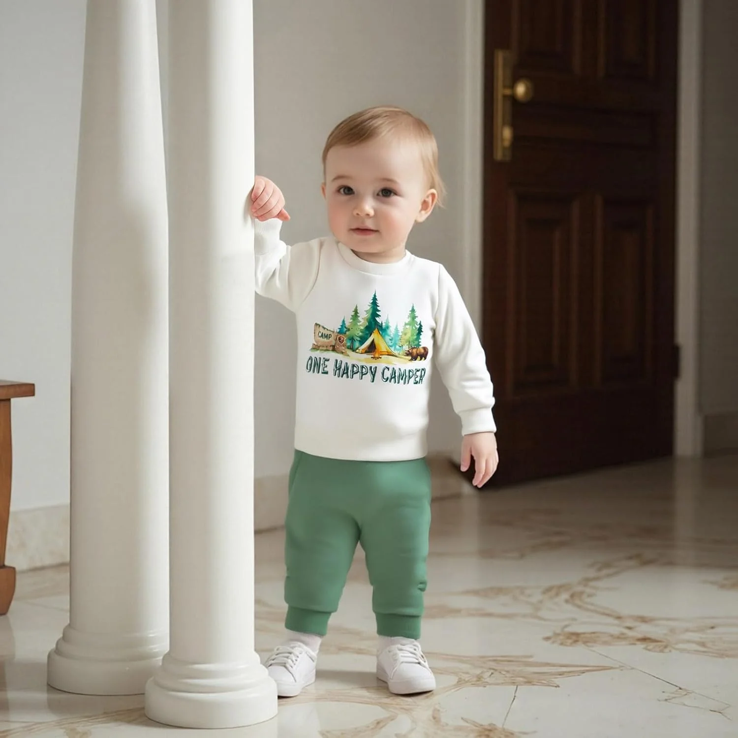 ست لباس پسرانه شامل بلوز آستین بلند و شلوار با طرح کمپینگ، مناسب برای تولد یک سالگی