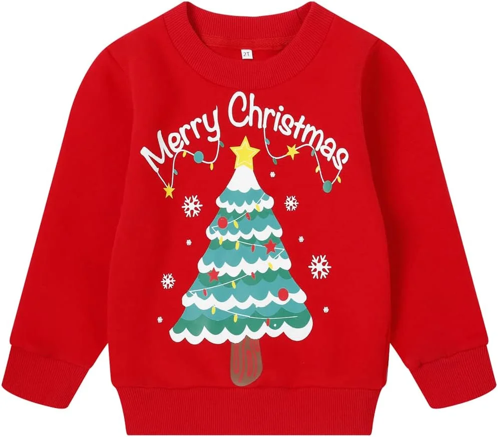 پلیور پشمی پسرانه طرح کریسمس، بلوز گردن‌دار با طرح گرافیکی بابانوئل، گوزن شمالی و آدم‌برفی