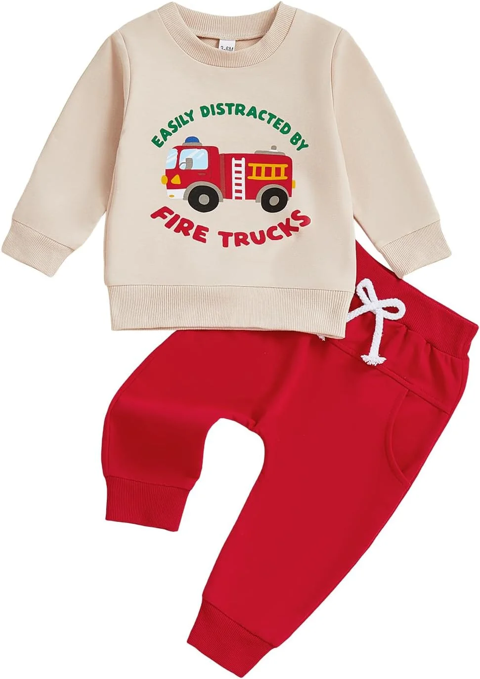 ست لباس پسرانه شامل بلوز آستین بلند طرح ماشین آتش نشانی و شلوار، مناسب فصل پاییز