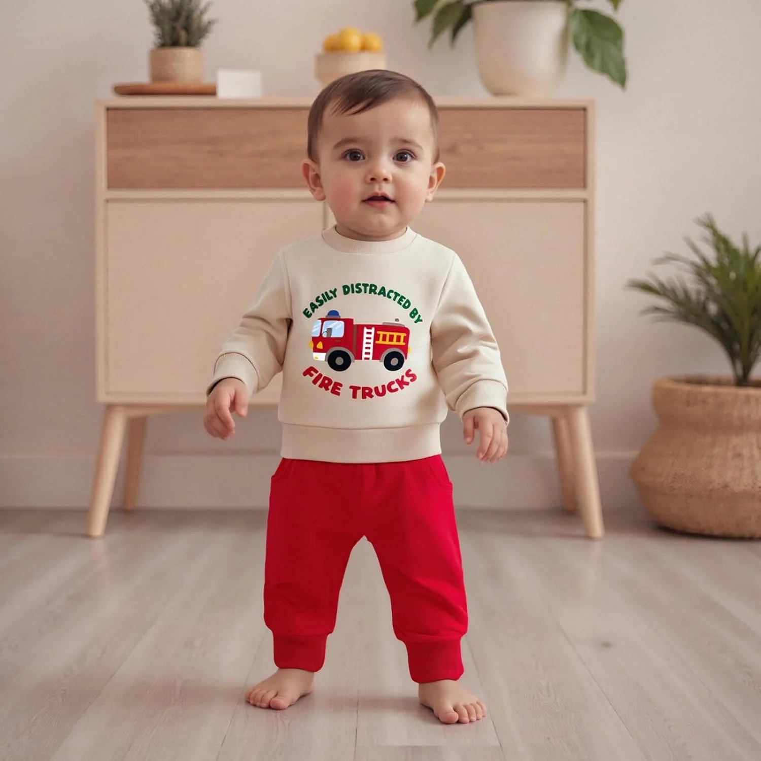 ست لباس پسرانه شامل بلوز آستین بلند طرح ماشین آتش نشانی و شلوار، مناسب فصل پاییز