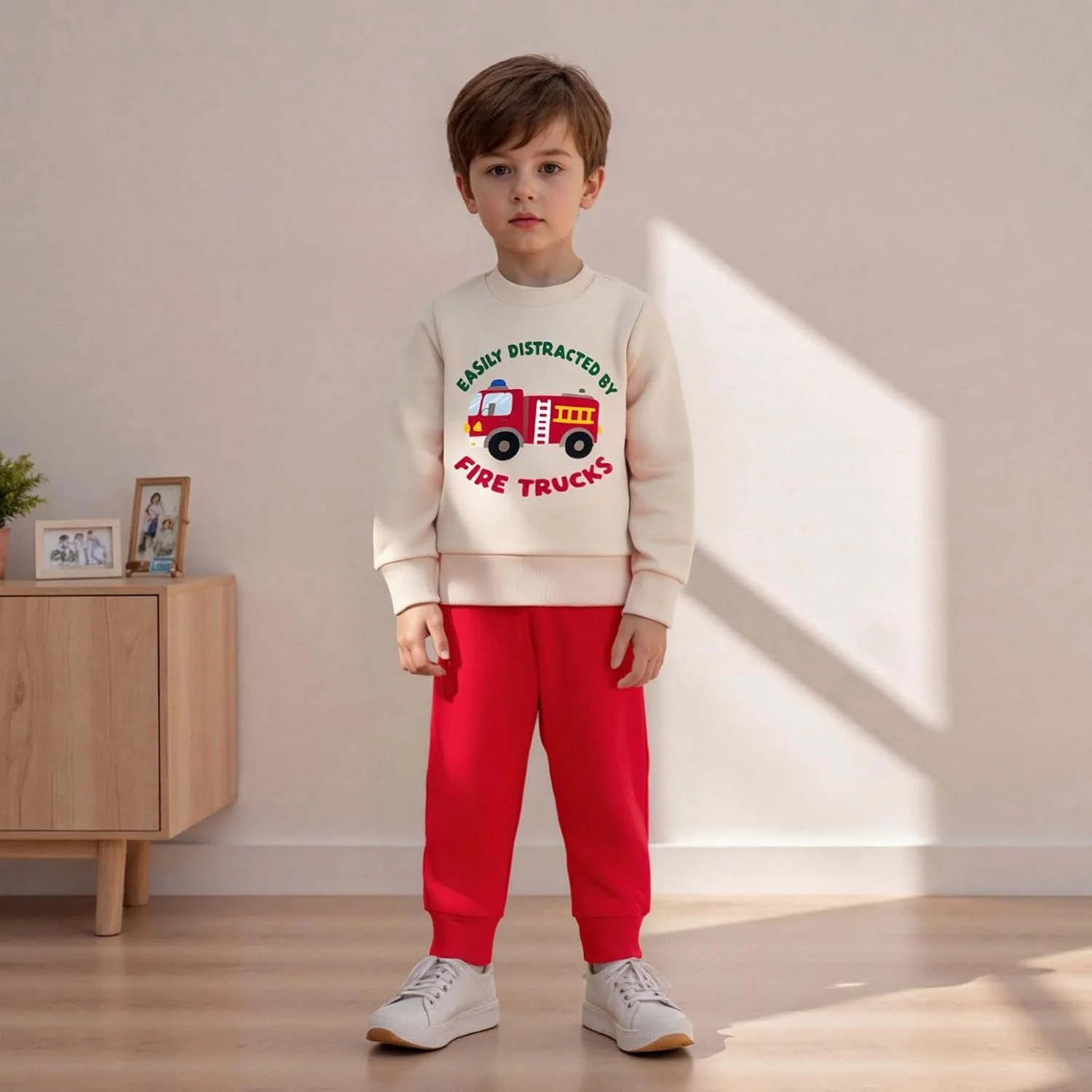 ست لباس پسرانه شامل بلوز آستین بلند طرح ماشین آتش نشانی و شلوار، مناسب فصل پاییز