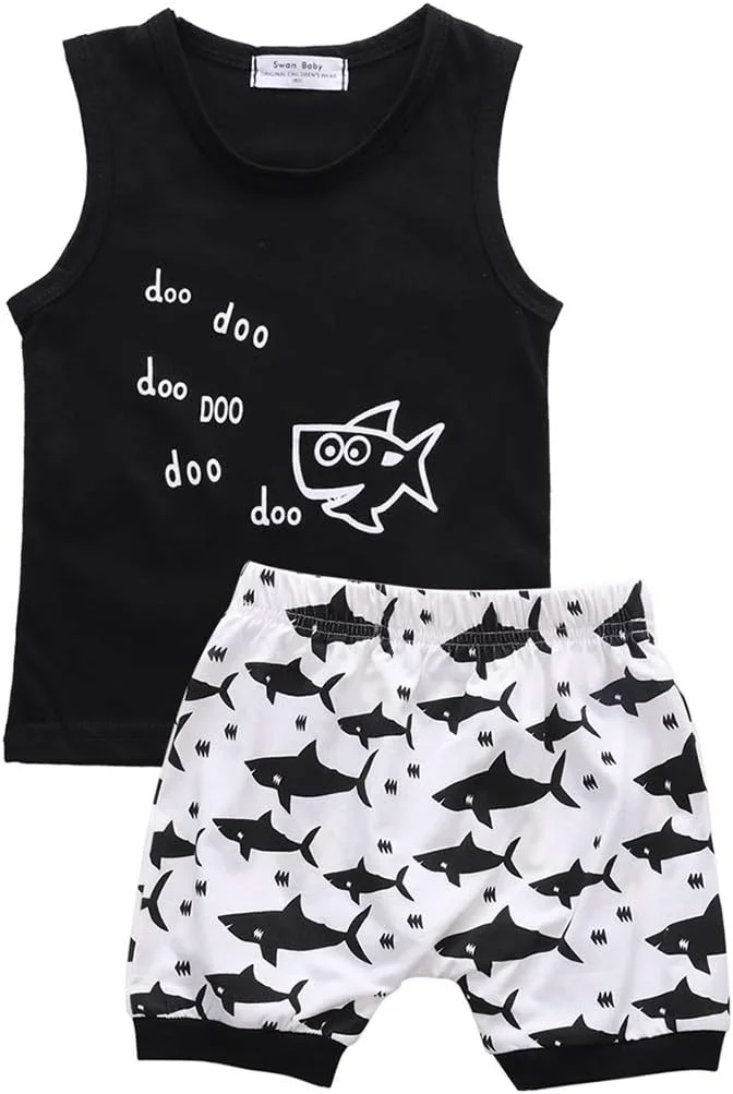 ست لباس نوزادی پسرانه و دخترانه طرح کوسه و دودو، تاپ و شلوارک آستین حلقه ای نخی مناسب فصل تابستان ست لباس نوزادی پسرانه و دخترانه طرح کوسه و دودو، تاپ و شلوارک آستین حلقه ای نخی مناسب فصل تابستان