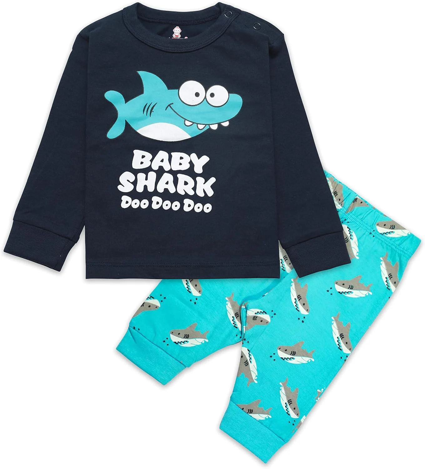 ست لباس پنبه ای پایه ای واقعی برای نوزادان پسر و دختر - ست لباس های آستین بلند تی شرت و شلوار، کوسه نوزاد، 12-18 ماه