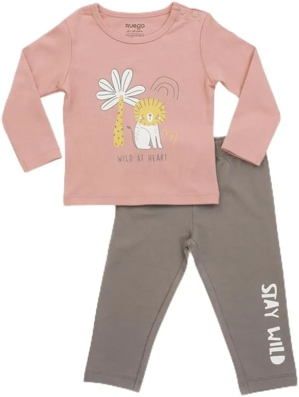 ست لباس پسرانه نوزادی طرح حیوانات Nuego، تیشرت آستین بلند و شلوار راحتی، مناسب برای نوزادان 0-24 ماه (صورتی، قهوه ای)