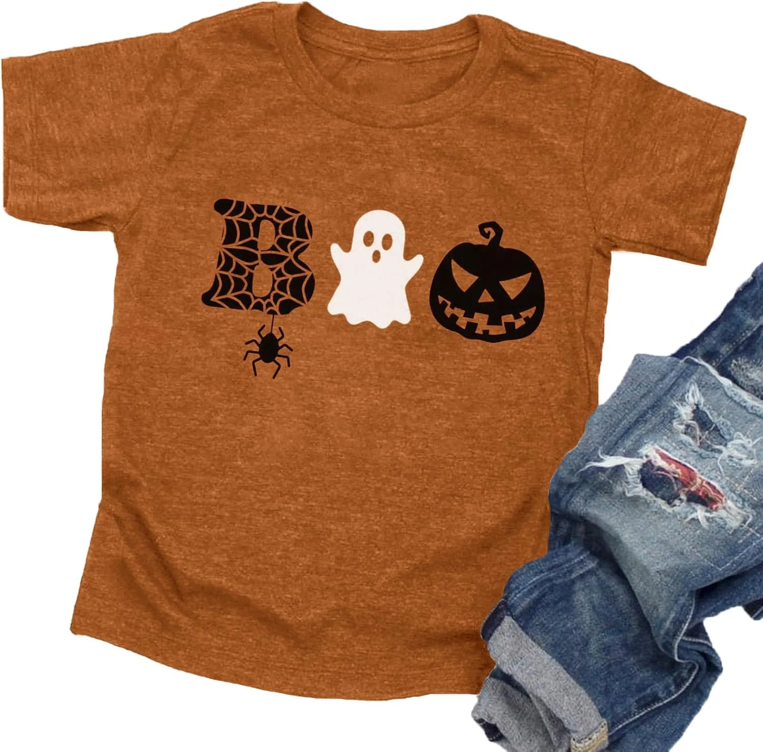 تی شرت بچه گانه هالووین طرح بو، مناسب پسران و دختران، تی شرت پاییزی زیبا با طرح کدو تنبل، تی شرت آستین کوتاه تعطیلات شبح وار