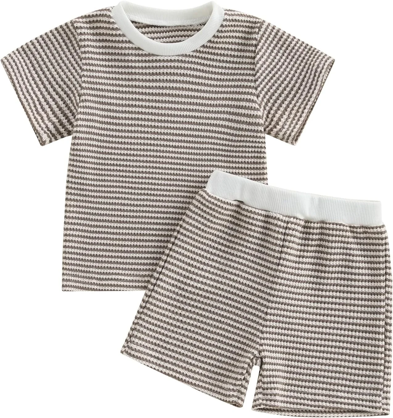ست تی شرت راه راه و شلوارک تابستانی نوزاد دختر و پسر، شلوارک های غیر رسمی، رنگ ثابت، ست بافتنی وافل خنثی 2 تکه