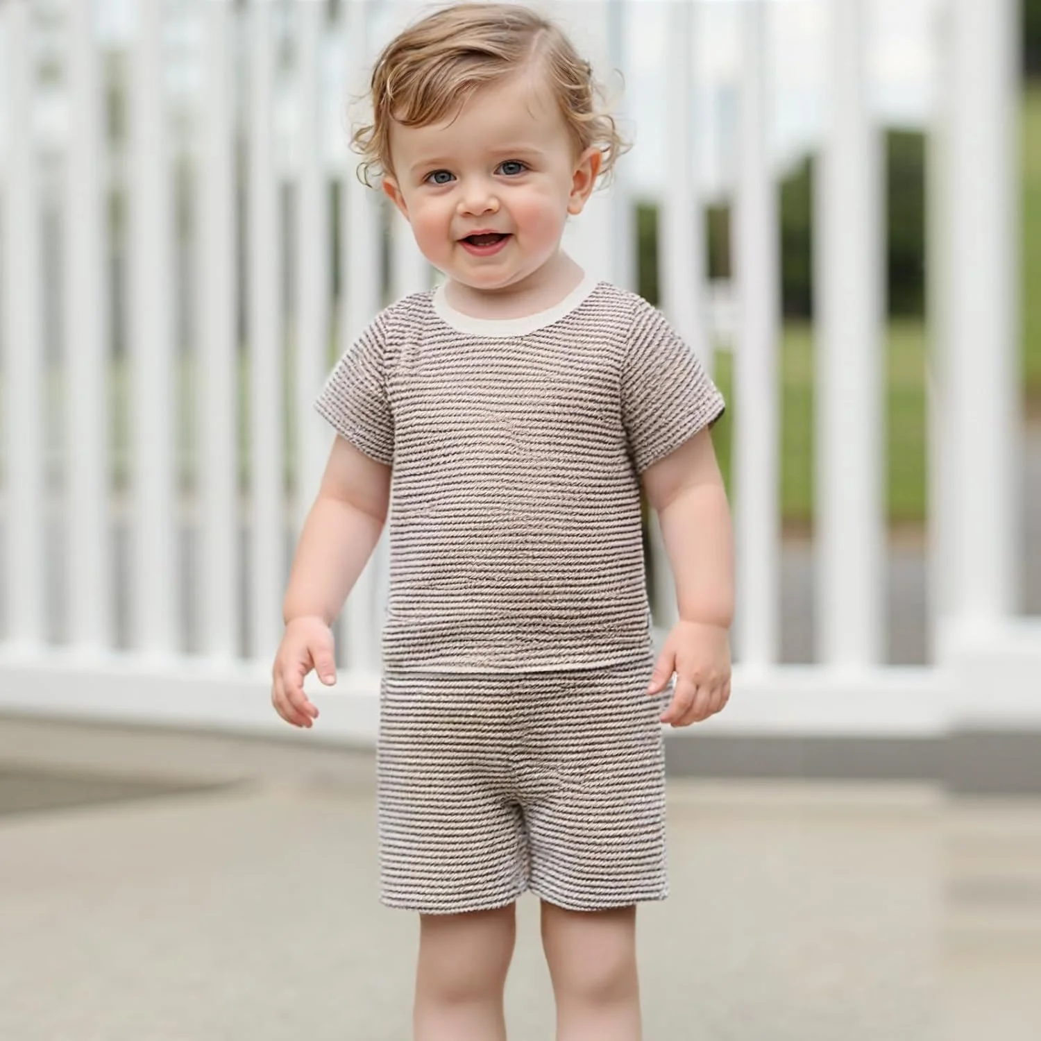 ست تی شرت راه راه و شلوارک تابستانی نوزاد دختر و پسر، شلوارک های غیر رسمی، رنگ ثابت، ست بافتنی وافل خنثی 2 تکه